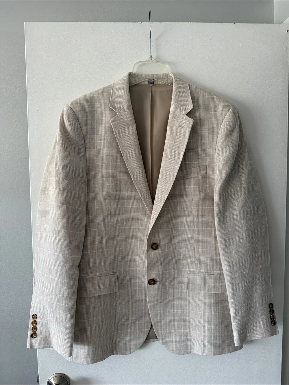 J. Crew Thompson Linen Blazer 42R Beige Glen Plaid Sport Coat Suit Jacket Mens